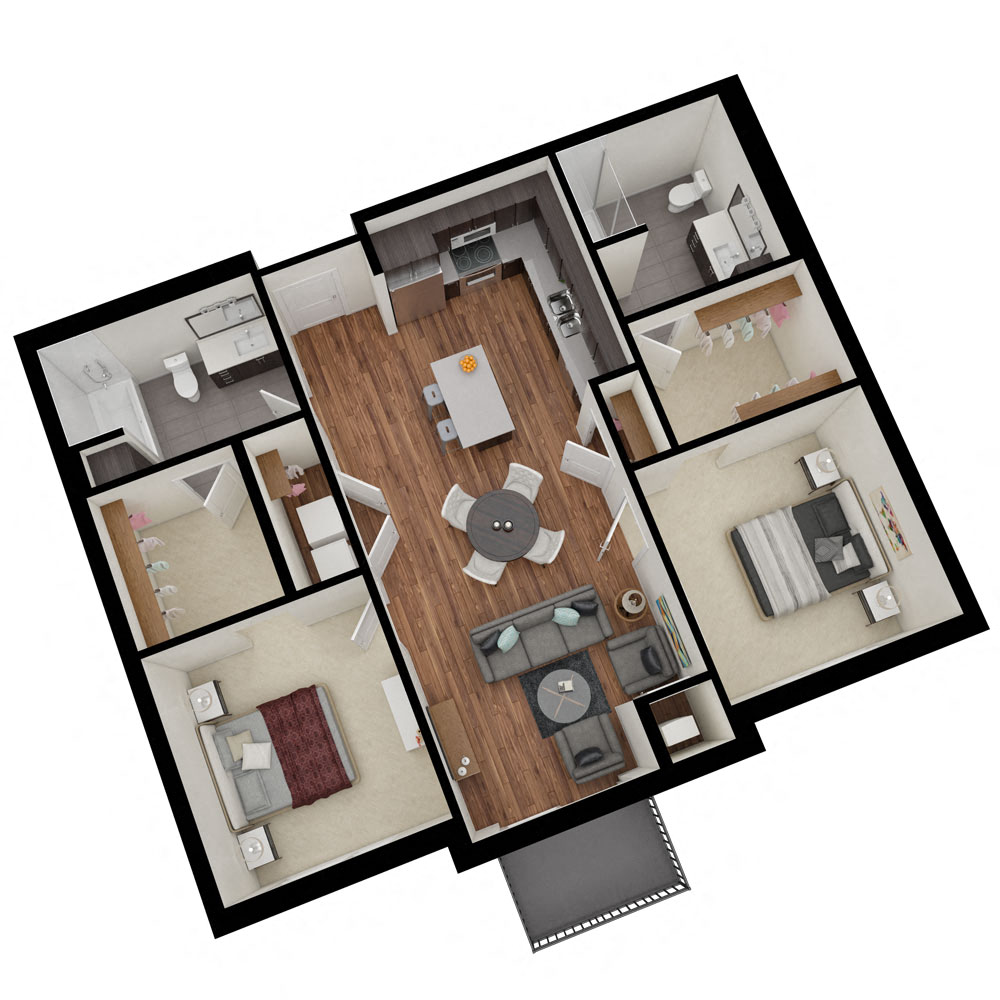 Floor plan for 2 beds, 2 baths, 976 sqft